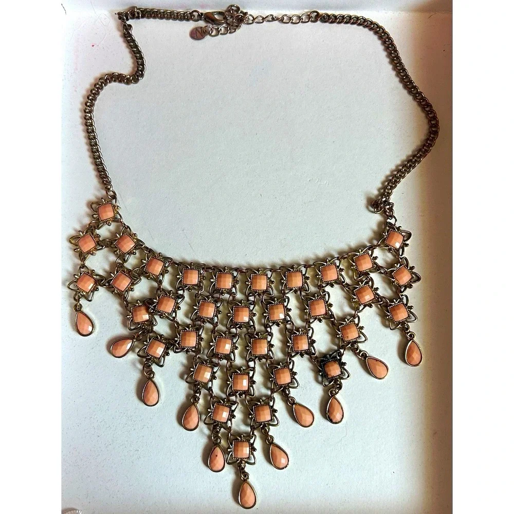 Pink & Silver Bib Statement Necklace Clear Round Rhinestone Crystal Lobster